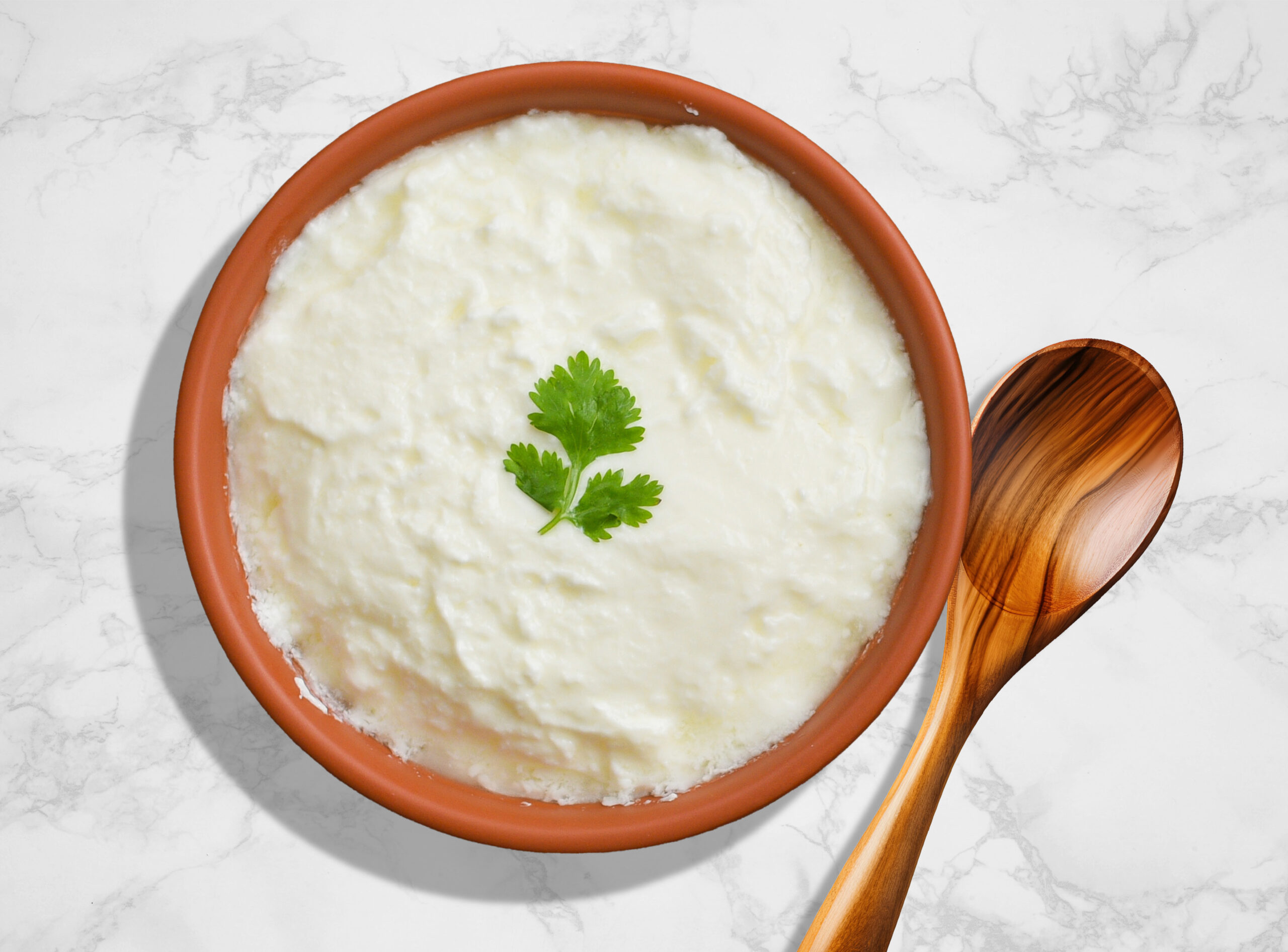 Image of a brown bowl and wooden spoon seen from above. The bowl is full of a creamy yogourt with cilantro as a garnish on top. Image of a brown bowl and wooden spoon seen from above. The bowl is full of a creamy yogourt with cilantro as a garnish on top.