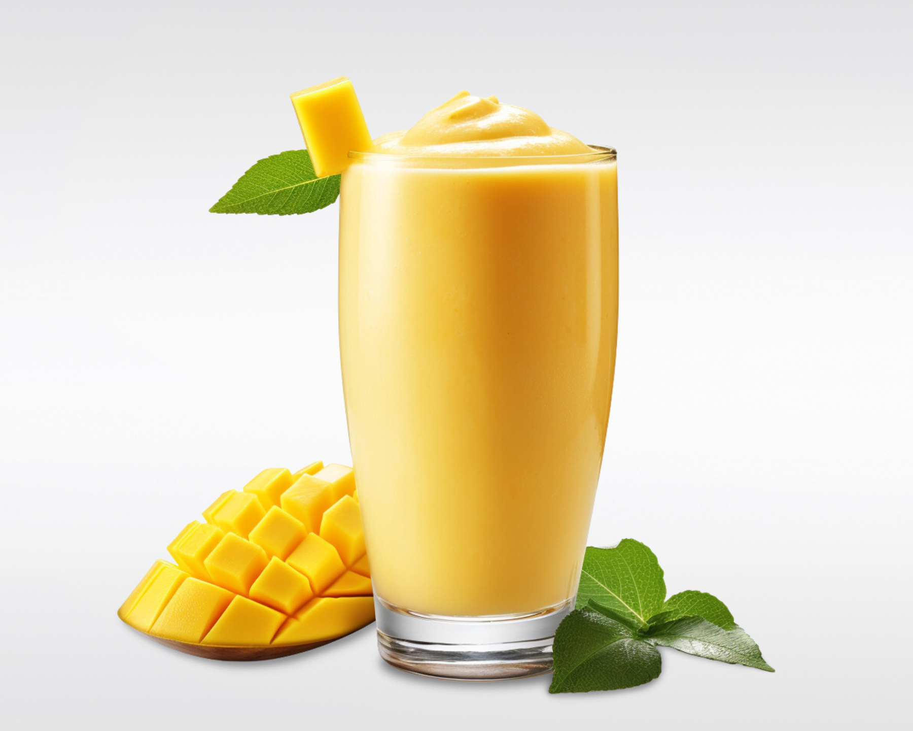 Image of Mango Lassi in a glass with a cheek of mango and mint leaves along side.