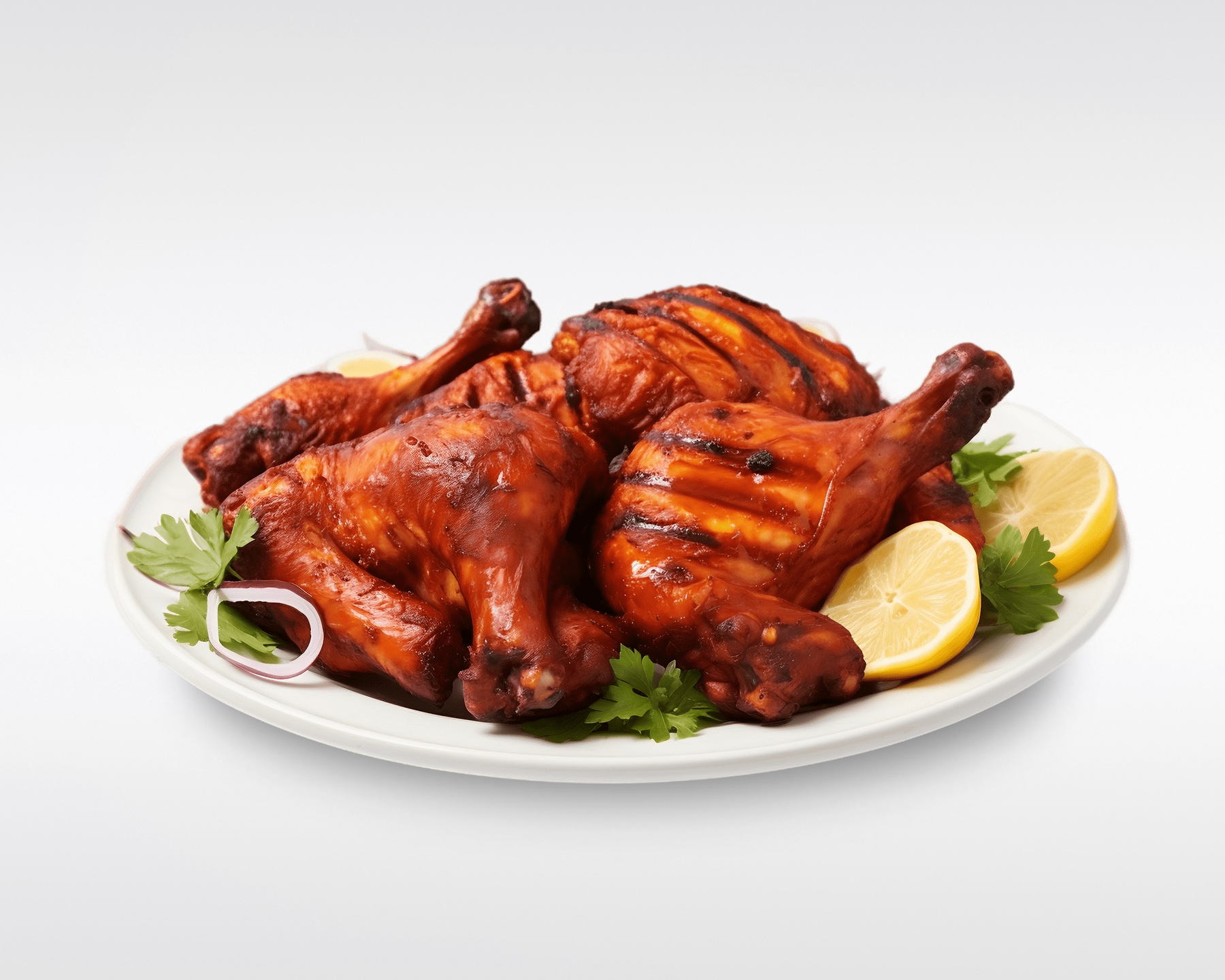 Image of Tandoori chicken with lemon halves on a bed of lettuce on a platter.