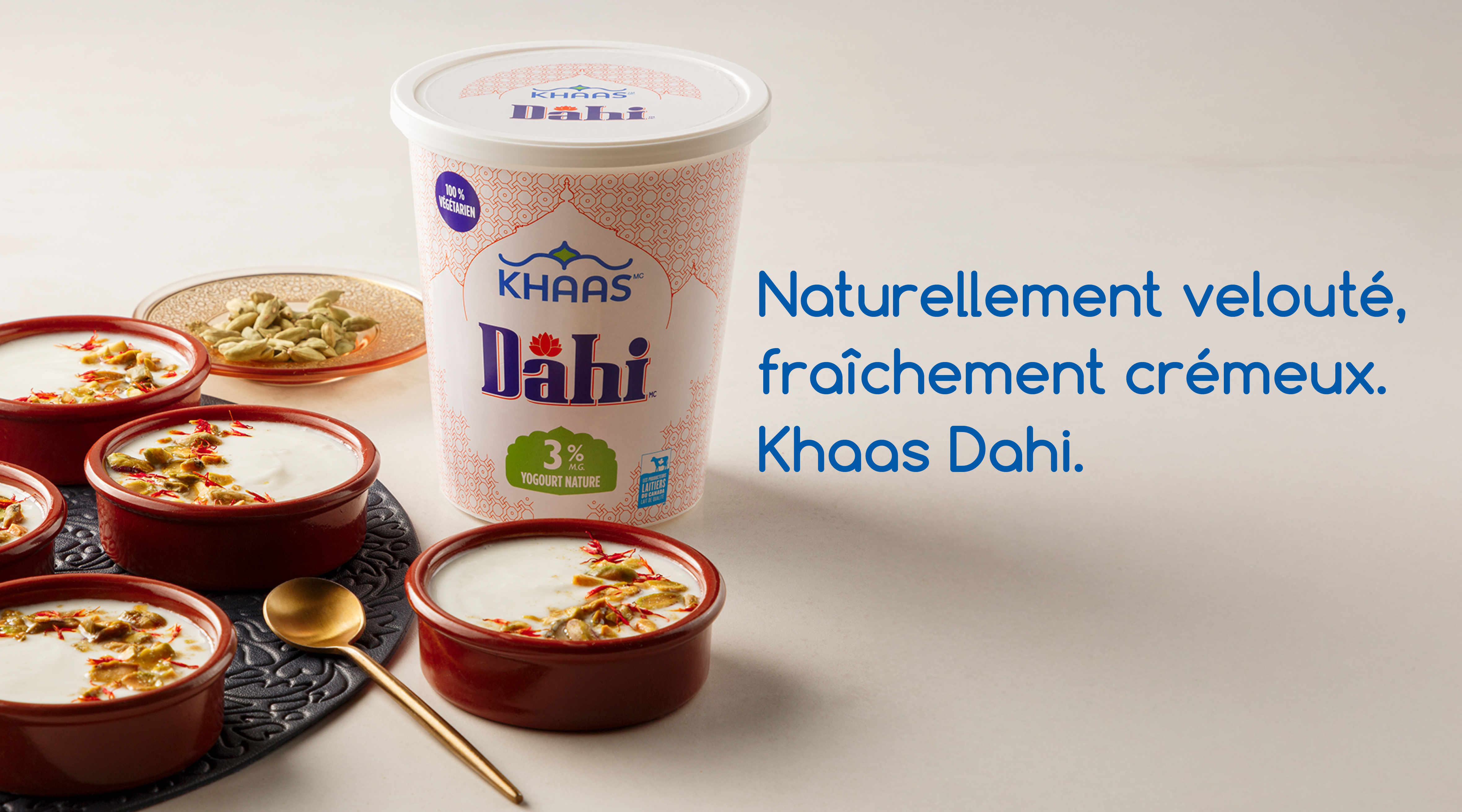 Une banderole présentant l'emballage du produit Khaas Dahi 3 % sur un fond blanc mat. Nous apercevons un assortiment de plats de yogourt dans des bols en terre brune et une assiette de cardamome. Le titre de la banderole est : « Naturellement velouté, fraîchement crémeux. Khaas Dahi ».