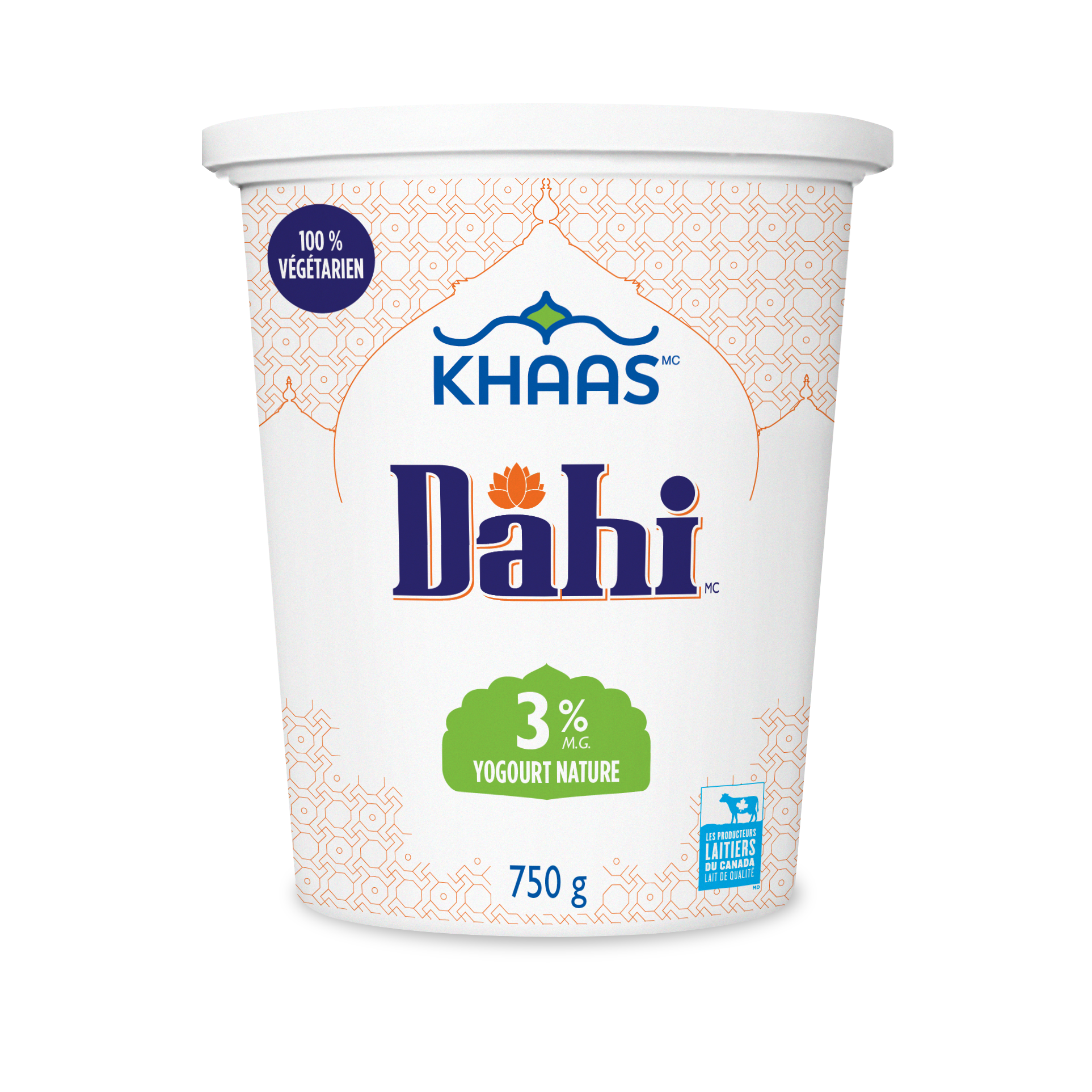 Khaas Dahi 32 % - Khaas Dahi 3 % - Image du produit « Khaas Dahi 3 % » accompagnée du titre de la description, « Le yogourt Khaas Dahi est naturellement velouté, rafraîchissant et crémeux ». L'image est cliquable et vous conduira à la page du produit « Khaas Dahi ».